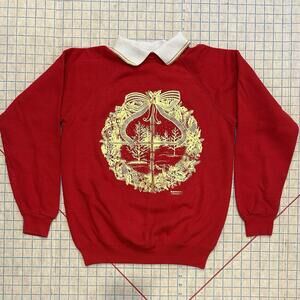 Top Stitch Morning Sun Sweatshirt Christmas Red Metallic Gold Hanes Deadstock